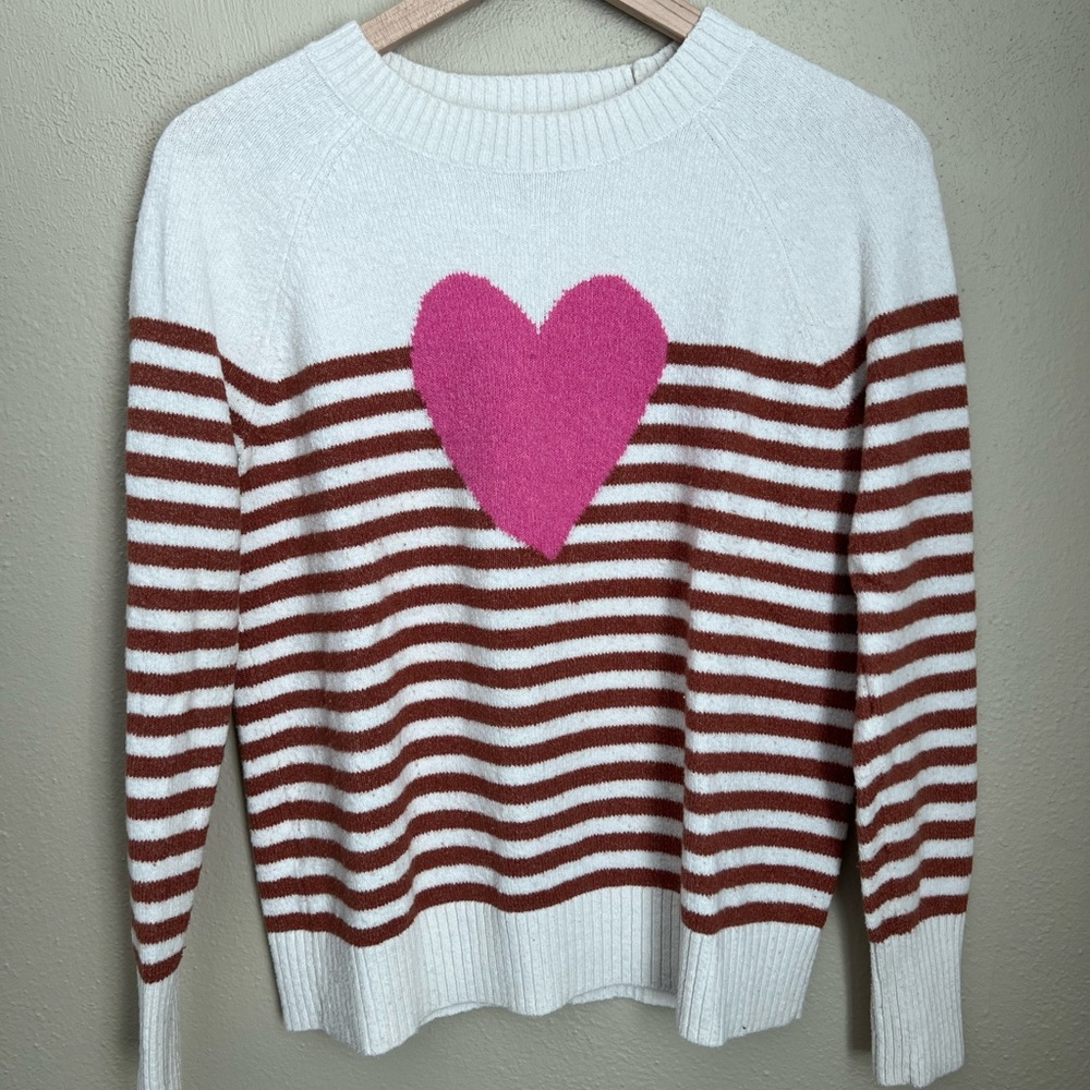 LOFT Heart & Stripe Sweater | pink, tan, cream | size S